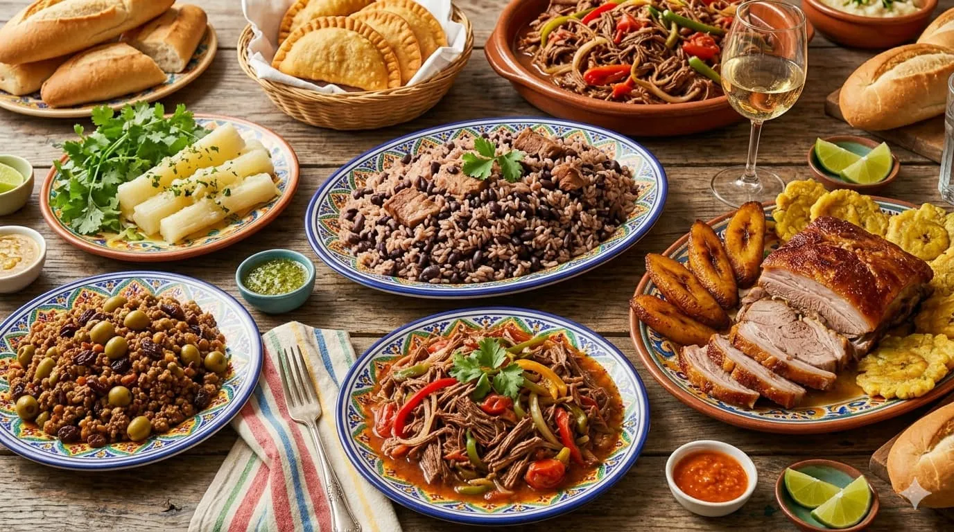 Traditional Cuban Ropa Vieja plate with beef rice and plantains